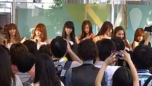 Marui City, Shibuya, Tokyo, 7 July 2013.  From left to right: Mia, Hi Jon, Mini, Yumi, NueNue, Dara, and Esse.