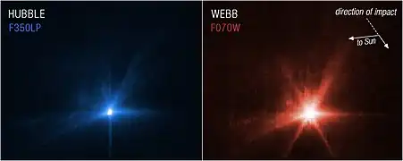 Two of the great observatories, the NASA/ESA/CSA James Webb Space Telescope and the NASA/ESA Hubble Space Telescope, have captured views of a unique experiment to smash a spacecraft into a small asteroid. NASA’s Double Asteroid Redirection Test (DART).