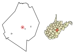 Location of Webster Springs in Webster County, West Virginia (left) and in West Virginia (right)