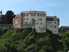 Outside of the east wing of the Renaissance palace, overlooking the Lahn river. This facade was raised and simplified in 1661.