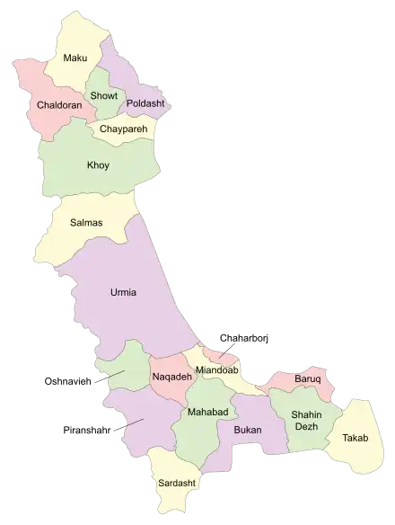 Location of Miandoab County in West Azerbaijan province (lower center, yellow)