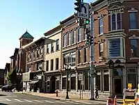 The north side of West Fulton Street viewed from North Main Street looking west