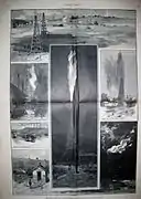 Westinghouse "Old No.1" natural gas derrick in a controlled burn (center), sometime between June 1884 and November 1885, located at the Solitude estate in the present-day Westinghouse Park.  Additional regional natural gas facilities from the time are shown, including a field in Murrysville, PA (top).