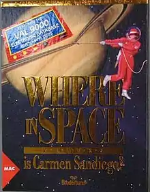 The glossy box cover for "Where in Space" features Saturn, its rings having been lassoed by Carmen Sandiego (who's wearing a red spacesuit and bubble helmet over her hat).  The text "Where in Space Is Carmen Sandiego?" can be read, as well as a label declaring "Featuring the VAL 9000 electronic database for solving clues"; a Broderbund logo is at the bottom, and a labeled triangle identifies this box art as belonging to the Apple Macintosh version of the game.