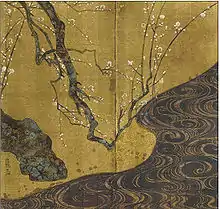 Painting of tree branch with white blossoms, next to a stream