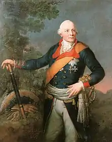 Sepia print of a man wearing a late 18th century wig and a military uniform with two large decorations. The print is labeled Ioach-Wichart von Moellendorff.