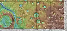 MOLA map showing Firsoff Crater, Crommelin Crater, and Danielson Crater. These all have equatorial layered deposits .  Colors indicate elevations.