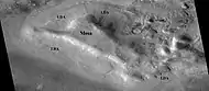 Lobate debris aprons (LDAs) around a mesa, as seen by CTX. Mesa and LDAs are labeled so one can see their relationship.  Radar studies have determined that LDAs contain ice; therefore, these can be important for future colonists of Mars.  Location is Ismenius Lacus quadrangle.