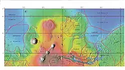 MOLA map showing boundaries for part of Arcadia Planitia and other regions