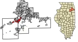 Location of Channahon in Grundy and Will Counties, Illinois.