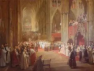 A painting of many people in fine robes and dresses standing inside the abbey. In the middle distance, Queen Victoria sits on a chair raised on a platform.