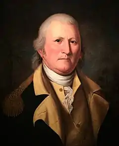 A head and shoulders portrait of William Moultrie.  Painted in middle age, he wears a military uniform jacket that is blue with gold trim.