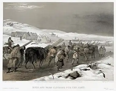 British lithograph published March 1855, after a water-colour by William Simpson, shows winter military housing under construction with supplies borne on soldiers' backs.  A dead horse, partially buried in snow, lies by the roadside.