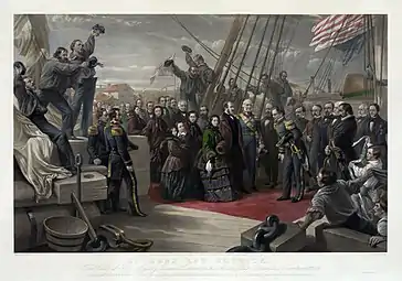  a colored engraving of Queen Victoria on the Resolute surrounded by sailors.