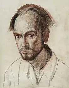 A 1967 self-portrait by William Utermohlen. He has an angular face with a high forehead and a short beard.