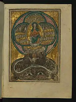 The Fall of the Rebel Angels (Apocryphal) (c. 1250), by William de Brailes. God sits on a throne within a mandorla. The rebelling angels are depicted as falling out of heaven and into a hell, in the shape of a mouth. As they fall, the angels become demons.