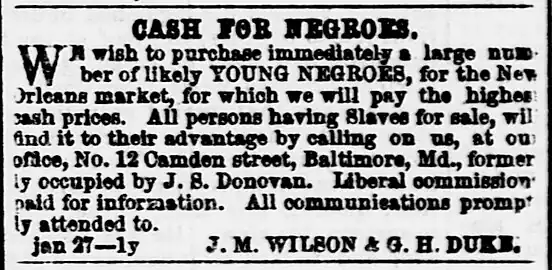 It was illegal to trade slaves in Washington, D.C. after 1850, but it was not illegal to advertise the slave trade in Washington, D.C. newspapers