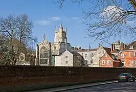 View from College Street: Fromond's Chantry (inside Cloisters) on left, then Chapel, then buildings of Chamber Court, then (in red brick) the Warden's Lodgings.