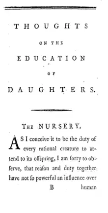 Page reads "THOUGHTS ON THE EDUCATION OF DAUGHTERS. THE NURSERY. As I conceive it to be the duty of every rational creature to attend to its offspring, I am sorry to observe, that reason and duty together have not so powerful an influence over human"