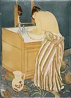 Woman Bathing (La Toilette) by Mary Cassatt, 1890–91, Drypoint and aquatint print, Metropolitan Museum of Art.