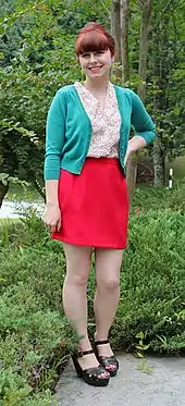 Image 37Woman in a red miniskirt and green cardigan crop, 2012 (from 2010s in fashion)