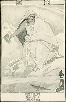 Print of old woman holding a hammer with a background of  mountains