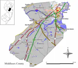 Map of Woodbridge CDP highlighted within Middlesex County. Inset: Location of Middlesex County in New Jersey.