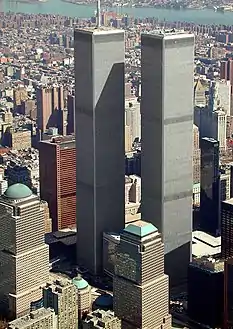 WTC 7, to the left of the North Tower, in March of 2001.