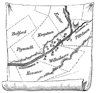 Forts in the Wyoming Valley. A-Fort Durkee, B-Fort Wyoming or Wilkesbarre, C-Fort Ogden, D-Kingston Village, E-Forty Fort, G-battleground, H-Fort Jenkins, I-Monocasy Island, J-Pittstown stockades, G-Queen Esther's Rock.