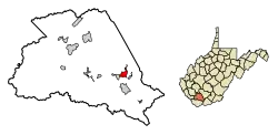 Location of Mullens in Wyoming County, West Virginia.