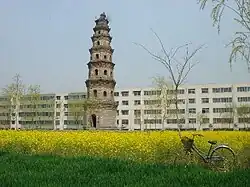 Pagoda in Xinzheng with Soviet architecture in the background