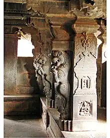 Granite yali pillars, Rameshwara Temple, Keladi, Shimoga District