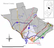 Map of Yardville-Groveville CDP in Mercer County. Inset: Location of Mercer County in New Jersey.
