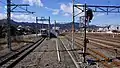 The view looking west from the Tōbu platform in February 2017, with an 8000 series train stabled