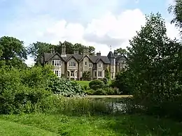 view of large cottage across lake