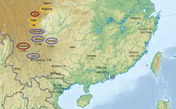 Southern tribes in ancient China - red means nomadic, yellow is semi-nomadic, and purple is sedentary.