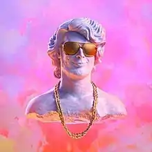 Gray stone bust in the shape of Yung Gravy's head with sunglasses and a gold chain all over a background that is composed primarily of purples, pinks, reds, and oranges.