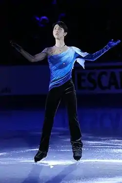 Hanyu in his opening pose of Étude in D-sharp minor at the exhibition gala of the 2013 Skate Canada International in Saint John, New Brunswick