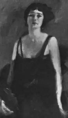 A painted portrait of a white woman with dark hair, wearing a low-cut dark gown with wide shoulder straps. She regarding the viewer directly, and is not smiling.