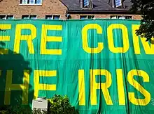 HERE COME THE IRISH" gameday sign on Zahm Hall is multiple stories tall.