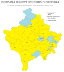 Yellow map of Kosovo, with the planned Community of Serb Municipalities in blue