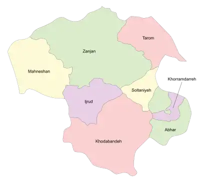 Location of Tarom County in Zanjan province (top, pink)