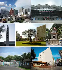 Clockwise from top left: Zhongli skyline, Taoyuan International Baseball Stadium, Zhongli Word-worshipping Paper Incinerator, Taoyuan Public Library Longgang Branch, Matsu New Village, National Central University. Center: Zhongli Zhongzheng Park