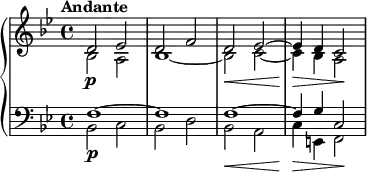 
{
  \new PianoStaff <<
    \new Staff \relative d' {
      \set Staff.midiInstrument = #"string ensemble 1" \key bes \major \clef treble \time 4/4 \set Score.tempoHideNote = ##t \tempo "Andante" 4 = 50
      <<
        {
          \voiceOne \stemUp d2 \p es2 | % 2
          d2 f2 | % 3
          d2 \< es2 ~ | % 4
          es4 \! \> d4 c2 \!
        }
        \new Voice \relative bes {
          \voiceTwo \stemDown
          bes2 a2 | % 2
          bes1 ~ | % 3
          bes2 c2 ~ | % 4
          c4 bes4 a2
        }
      >> \oneVoice
    }
    \new Staff \relative f {
      \set Staff.midiInstrument = #"string ensemble 1" \key bes \major \clef bass \time 4/4
      <<
        {
          \voiceOne \stemUp
          f1 \p ~ | % 2
          f1 | % 3
          f1 \< ~ | % 4
          f4 \! \> g4 c,2 \!
        }
        \new Voice \relative bes, {
          \voiceTwo \stemDown
          bes2 c2 | % 2
          bes2 d2 | % 3
          bes2 a2 | % 4
          c4 e,4 f2
        }
      >> \oneVoice
    }
  >>
}
