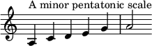 
{
\override Score.TimeSignature #'stencil = ##f
\relative c' {
  \clef treble \key c \major \time 5/4
  a4^\markup { "A minor pentatonic scale" } c d e g a2
} }
