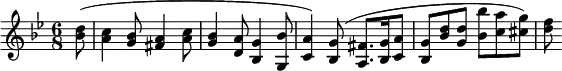 
  \relative c'' { \clef treble \key g \minor \time 6/8 \partial 8*1 <d bes>8( <c a>4 <bes g>8 <a fis>4 <c a>8 <bes g>4 <a d,>8 <g bes,>4 <bes g,>8 <a c,>4) <g bes,>8( <fis a,>8. <g bes,>16 <a c,>8 <g bes,> <bes d> <d g,> <bes' bes,> <a c,> <g cis,>) <f d> }
