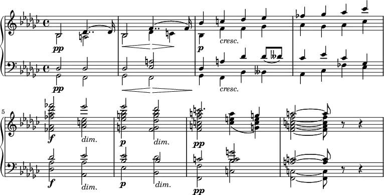 
\relative c' {
  \new PianoStaff <<
    \new Staff <<
      \new Voice = "first" {
        \set Staff.midiInstrument = #"string ensemble 1" \set Score.tempoHideNote = ##t \tempo 4 = 40 \stemUp \clef treble \key ges \major \time 4/4
        bes2 des4.. ^(des16) |
        bes2 f'4.. ^(f16) |
        bes4 c4 des4 es4 |
        fes4 ges4 as4 ces4 |
        fes2 es2 |
        es2 des2 |
        c2. g4 |
        a2 ^~ a8 r8 r4 |
      }
      \new Voice = "second" {
        \stemDown
        bes,,2 \pp a2 |
        bes2 \< des4 \! \> c4 \! |
        bes4 \p f'4 _\markup \italic { "cresc." } f4 ges4 |
        as4 ges4 as4 ces4 |
        <fes, as fes' as des>2 \f <as es' c>2 _\markup \italic { "dim." } |
        <g es' g bes>2 \p <f g des' g bes>2 _\markup \italic {"dim." } |
        <f a c f a>2 \pp <c' e a>4 _(<g c e>4) |
        <f a c f>2 _~ <f a c f>8 s8 s4 |
      }
    >>
    \new Staff <<
      \new Voice = "third" {
        \set Staff.midiInstrument = #"string ensemble 1" \stemUp \clef bass \key ges \major \time 4/4
        des,2 \pp des2 |
        des2 \< <es a>2 \! \> |
        <des>4 \! a'4 _\markup \italic { "cresc." } des4 des8(deses8) |
        ces4 es4 ces4 ges4 |
        des'2 \f es2 _\markup \italic { "dim." } |
        <es bes>2 \p bes2 _\markup \italic { "dim." } |
        c2 \pp <bes c g'>2 |
        <a c>2 ^~ <a c>8 r8 r4 |
      }
      \new Voice = "fourth" {
        \stemDown \clef bass \key ges \major \time 4/4
        ges,2 f2 |
        ges2 f2 |
        ges4 f4 bes4 beses4 |
        as4 ces4 fes4 es4 |
        <des as'>2 <as as'>2 |
        es'2 <bes des'>2 |
        <f f'>2 <c' bes'>2 |
        <c f,>2 _~ <c f,>8 s8 s4 |
      }
    >>
  >>
}
