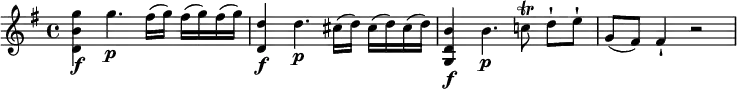 
\relative c''' { \set Staff.midiInstrument = #"violin" 
  \key g \major
  <g b, d,>4\f g4.\p fis16(g) fis(g) fis(g) | <d d,>4\f d4.\p cis16(d) cis(d) cis(d) | <b d, g,>4\f b4.\p c!8\trill d-![ e-!] | g,(fis) fis4-! r2
}
