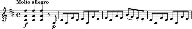 
\relative c' {
  \key d \major
  \tempo "Molto allegro"
  <d a' fis'>4\f q q r8 a\p |
  d8 a fis' d e a, g' e |
  fis8 d a' fis b( g) fis-. e-. |
  d8 a fis' d e a, g' e |
}
