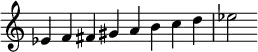 
{
\override Score.TimeSignature #'stencil = ##f
\relative c' {
  \clef treble \key c \major \time 8/4
  es4 f fis gis a b c d es2
} }
